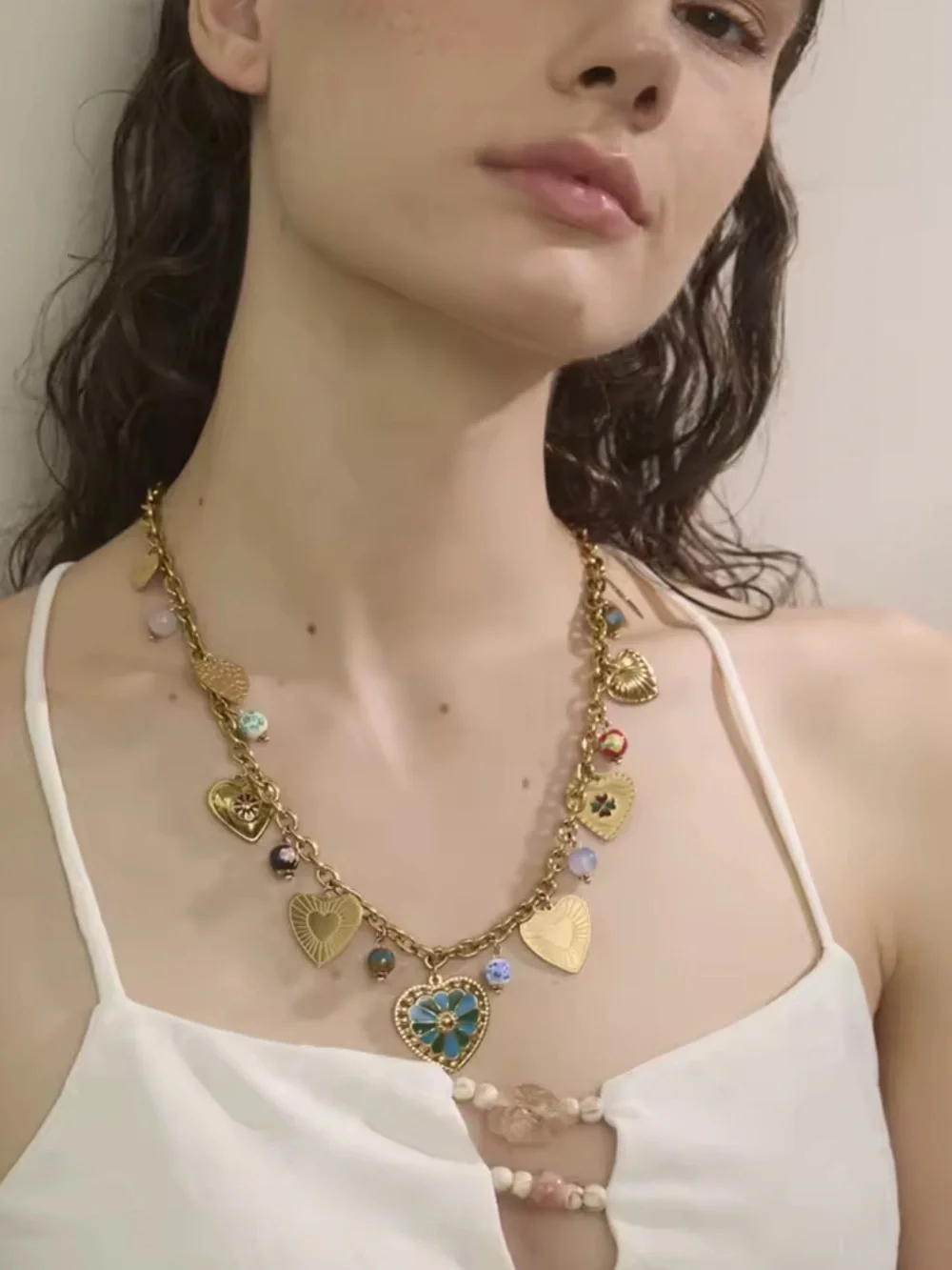 Mosaic Gold Heart Charm Necklace with Turquoise and Multicolor Beads - Picture 7 of 10